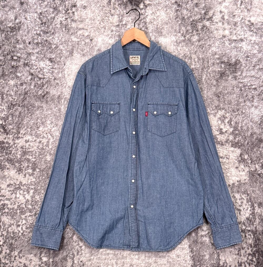Vintage Levis Pearl Snap Western Shirt Large Mens Blue Chambray Denim